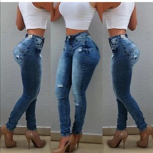 High waisted ripped skinny casual stretch denim